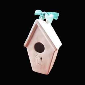 Rae Dunn FLY Birdhouse Bird Graphic White Aqua Ribbon Artisan Collection Magenta
